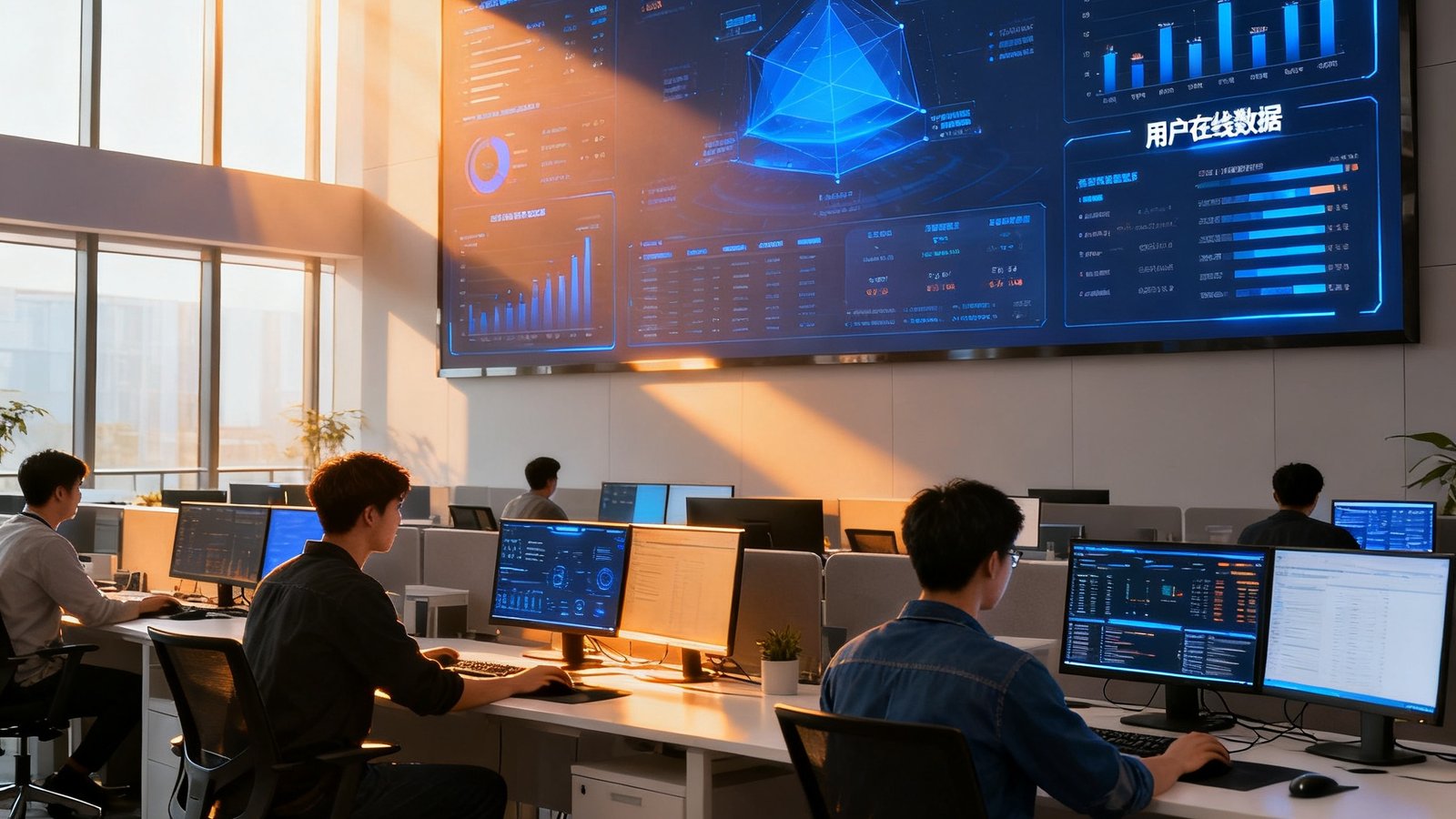 看球直播深圳总部办公室内景，开放式办公区域宽敞明亮，墙面上悬挂着巨大的实时数据监控屏幕，显示全球赛事直播状态和用户在线数据，年轻的工程师团队正在专注工作