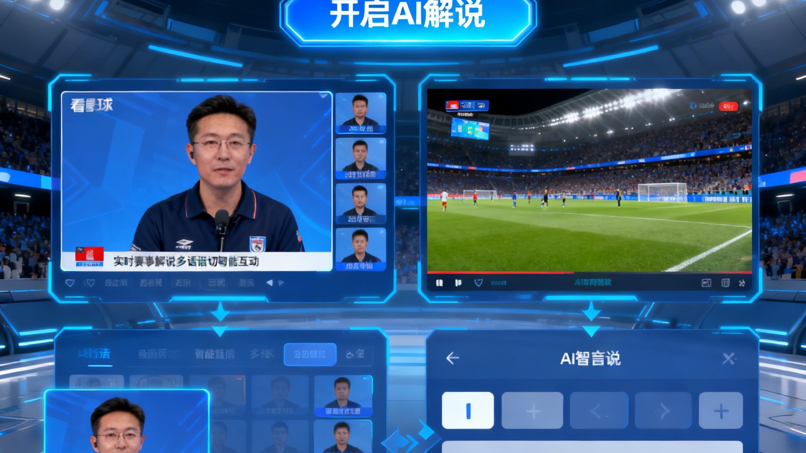 看球直播平台版本更新公告配图，展示AI智能解说功能的界面截图与操作演示