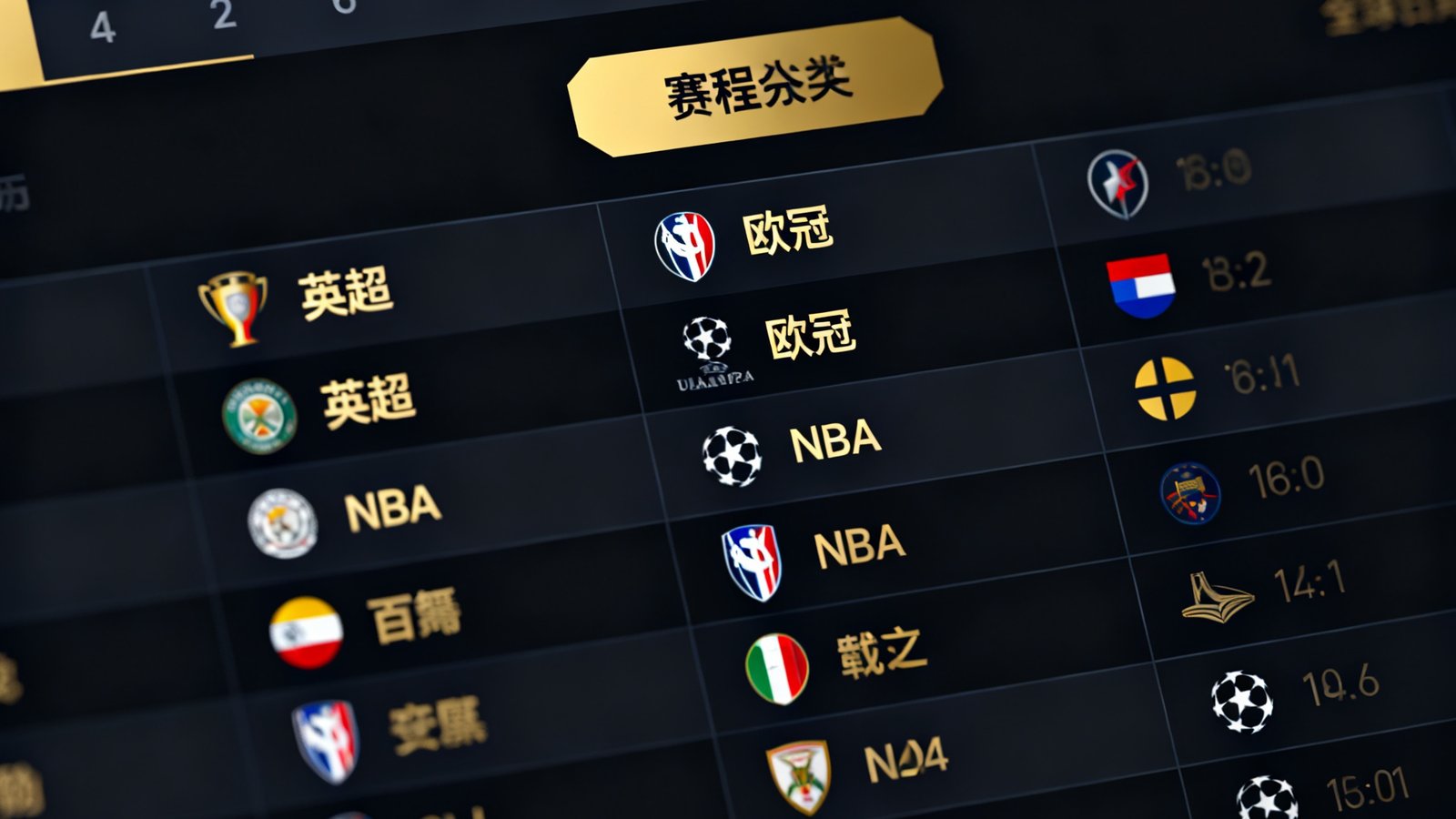 赛程日历界面截图，清晰展示按日期排列的全球各大联赛比赛安排表，包含英超、欧冠、NBA等多种赛事的时间和对阵信息，界面采用深色主题配金色高亮
